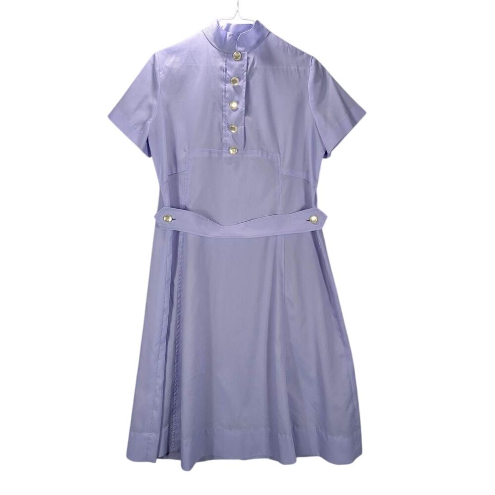 Vintage Dress Womens Large Purple Knee-Length Short Sleeve Buttons Belted Retro